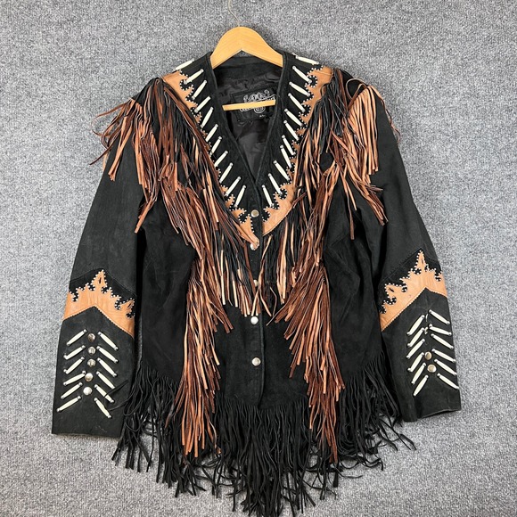 Leather Gallery Jackets & Blazers - Leather Gallery Jacket Womens XL Black Suede Fringe Western Bone Studded Cowgirl
